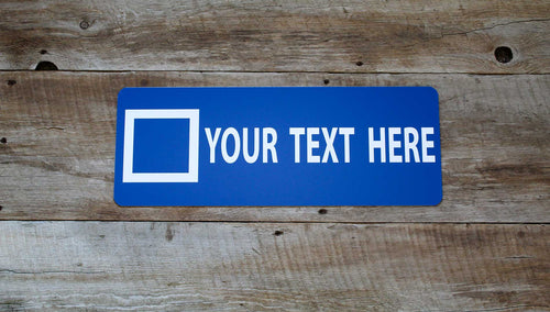 custom blue square ski sign with a blue background and white text that says 'your text here'