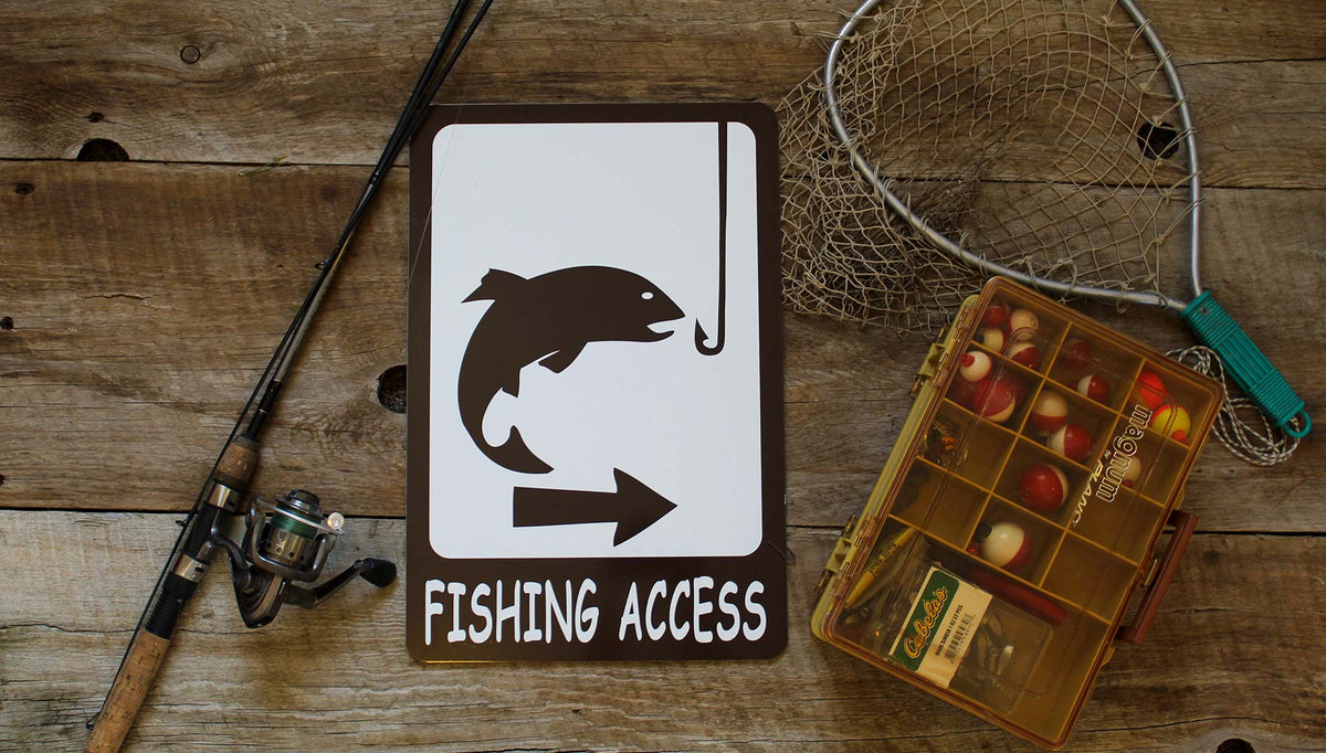 custom fishing access metal sign with a brown picture of a fish and hook and a spot for custom text
