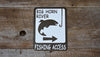 custom fishing access metal sign with a brown picture of a fish and hook and text that says 'big horn river'