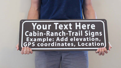 man holding a customizable brown sign with white text